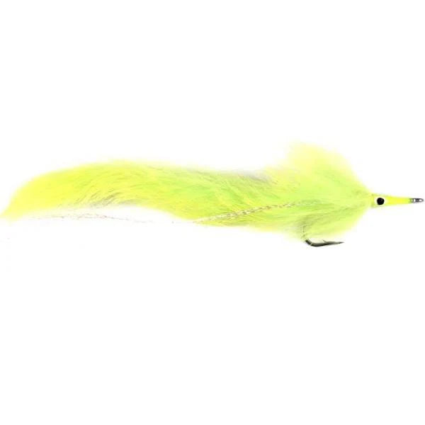 Barry's Pike Fly #2/0 fishing lure with bright yellow and chartreuse synthetic fibers designed for musky fishing, featuring a detailed head and sharp hook for effective fishing tackle use.