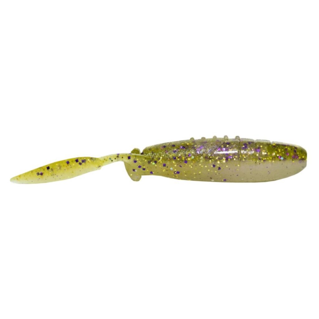 Keitech 3.5" Glide Camaron soft fishing lure in translucent green with purple and gold flecks, designed for effective bait presentation in fishing tackle.