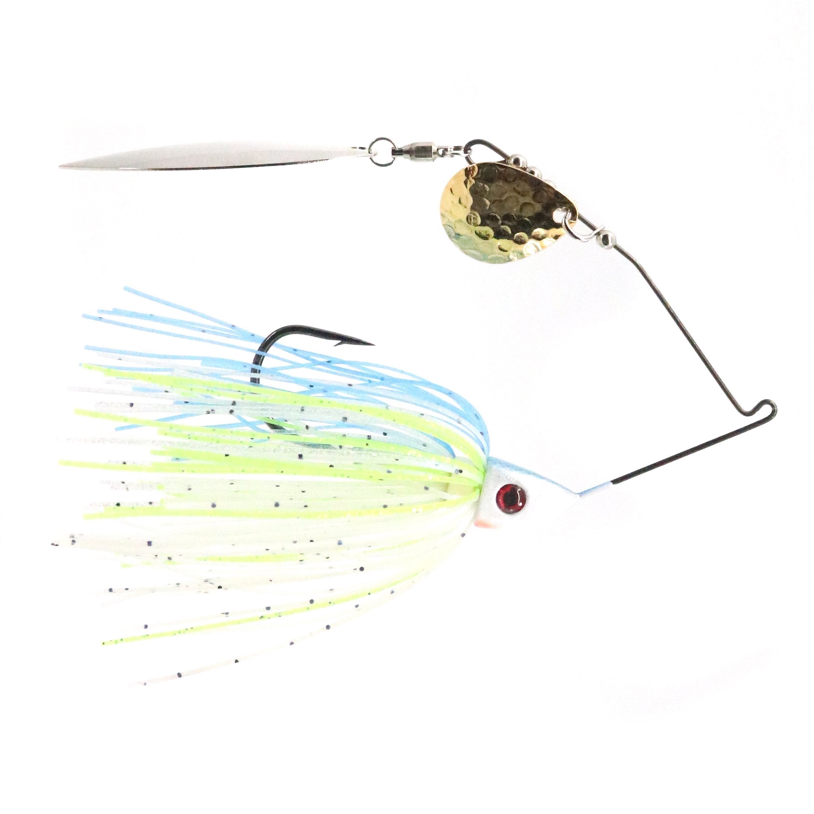 Bassman Spinnerbaits TW Series Tandem Blades fishing lure with dual metal spinner blades, wire frame, and a skirt featuring light blue, chartreuse, and white strands for attracting bass.