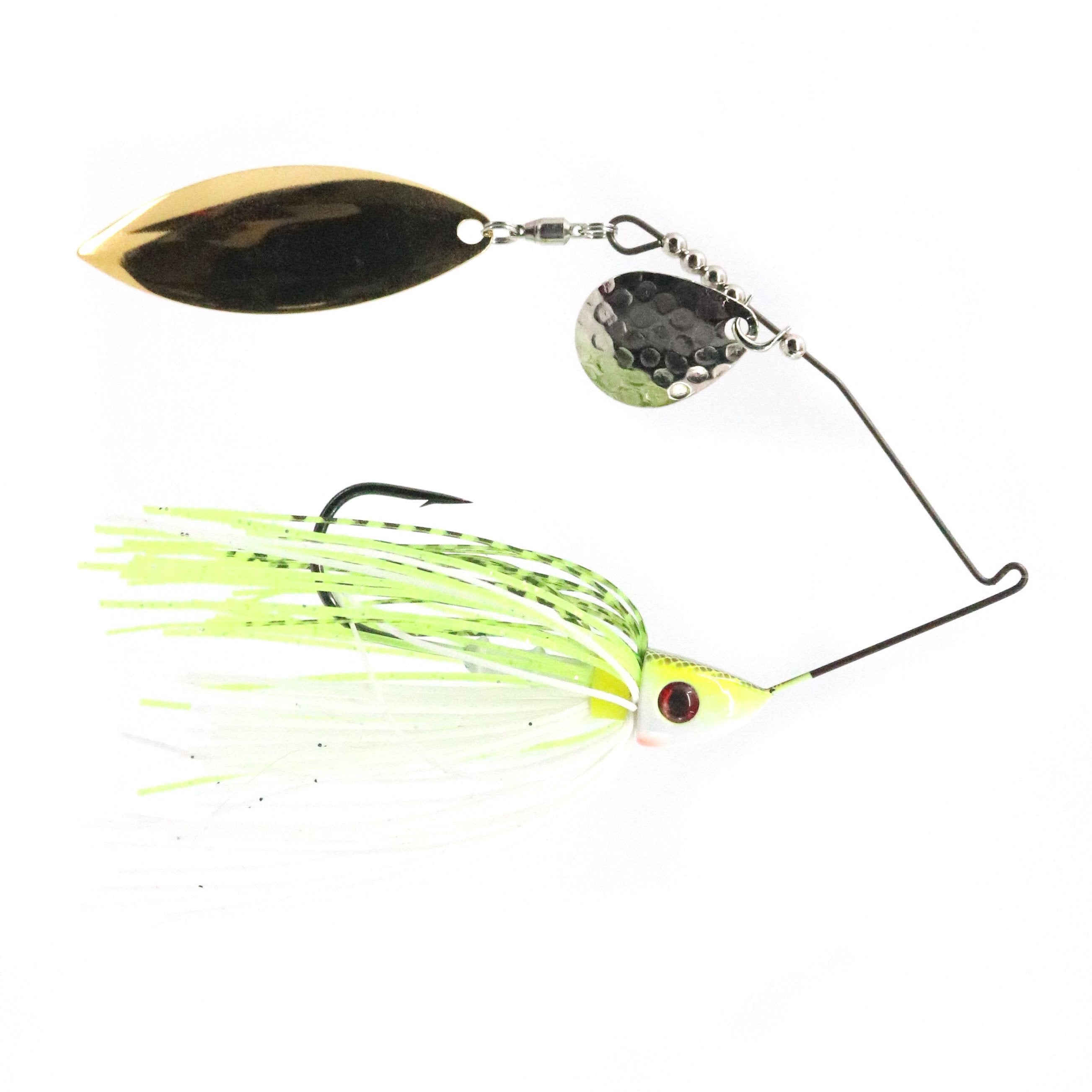 Bassman Spinnerbaits TW Series Tandem Blades fishing lure featuring dual metal blades and a chartreuse and white skirt designed for effective bass fishing tackle.