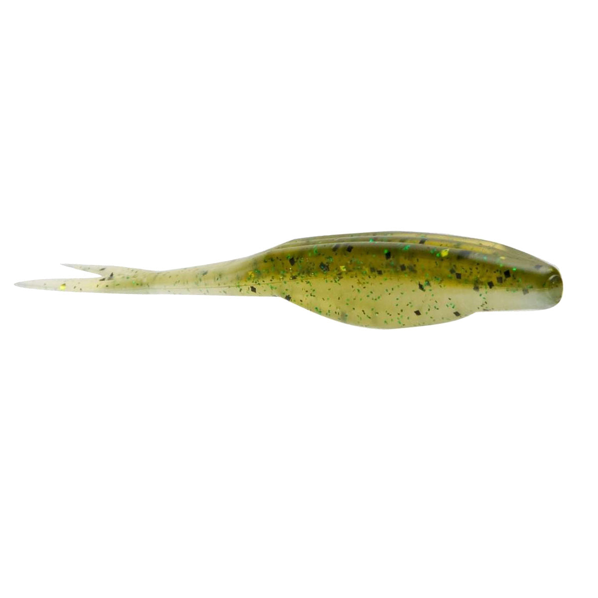 Zoom Bait Company Super Fluke Jr soft plastic fishing lure in translucent olive green with dark green and yellow flecks, designed for musky and bass fishing tackle.