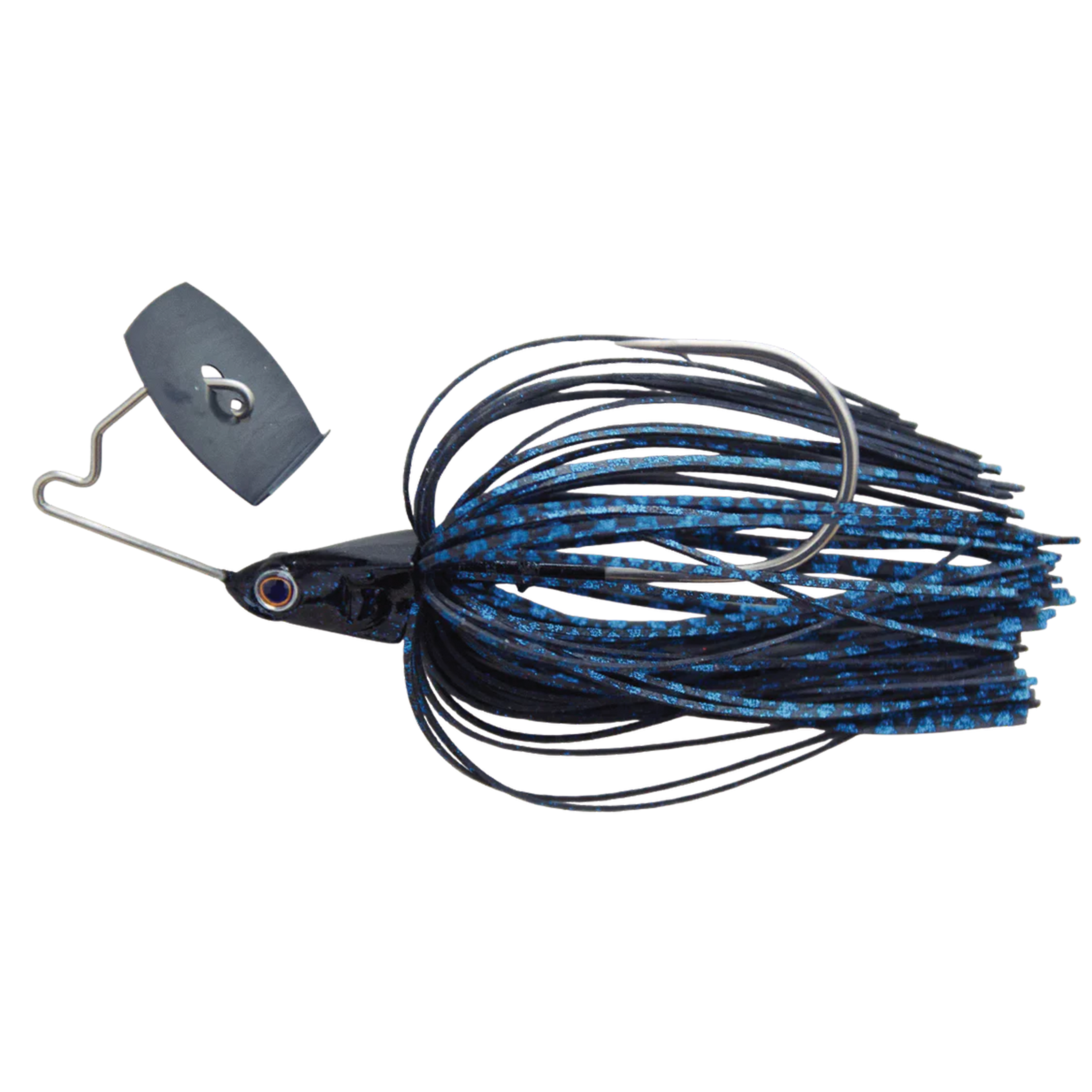 Bass Puzzle Grass Piece fishing lure with blue and black silicone skirt, metal wire blade, and single hook designed for freshwater bass fishing and fishing tackle enthusiasts.