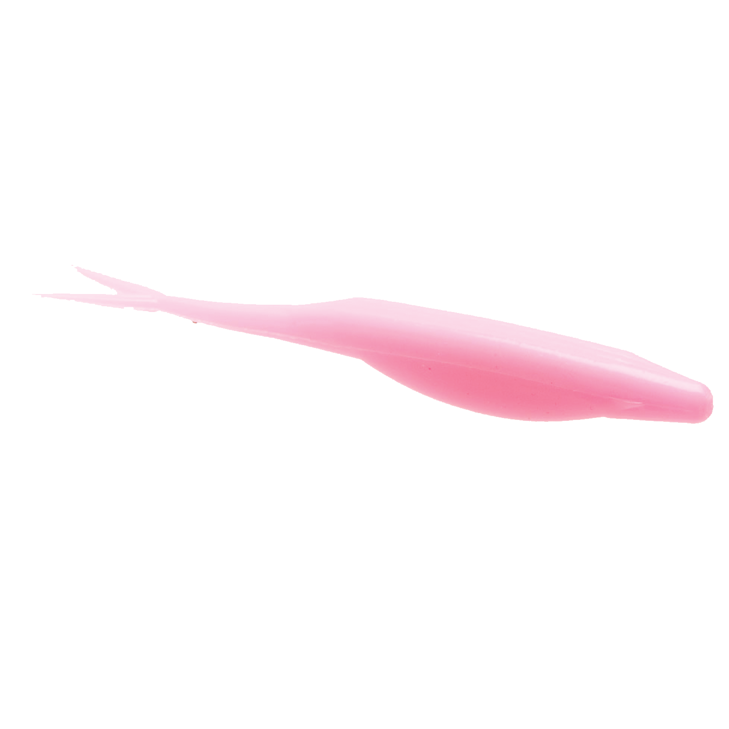 Zoom Bait Company Super Fluke Jr soft plastic fishing lure in translucent pink, designed for realistic movement to attract fish in freshwater fishing.