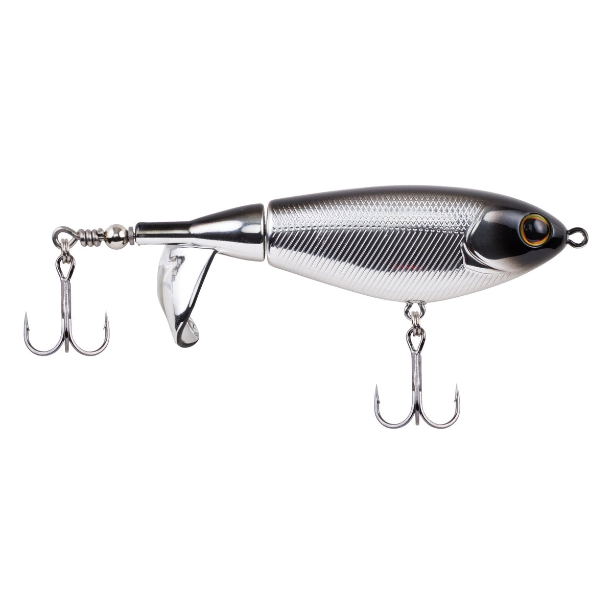 Berkley Choppo fishing lure in black and chrome finish, featuring a topwater propeller and two treble hooks for effective musky fishing tackle.