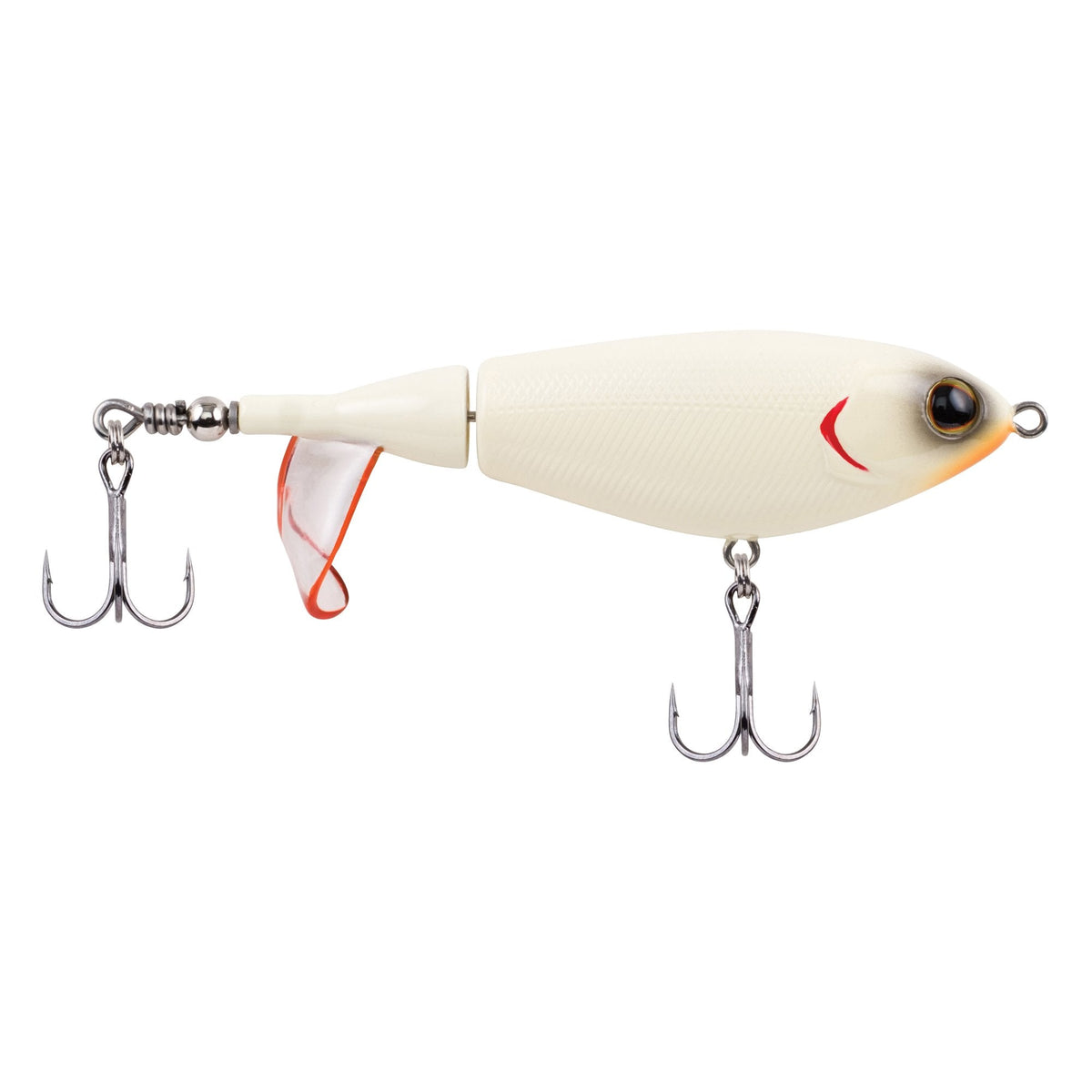 Berkley Choppo topwater fishing lure in bone color with dual treble hooks and a propeller tail designed for musky and freshwater fishing tackle.