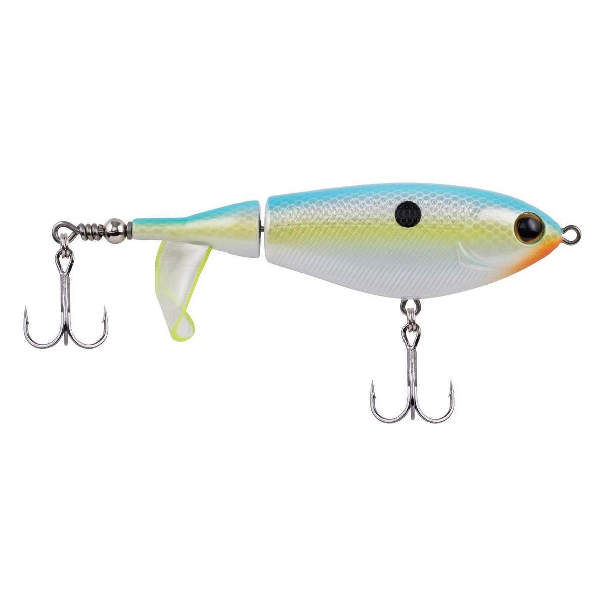 Berkley Choppo fishing lure with segmented body, realistic blue and silver coloring, black dot detail, and two treble hooks for effective fishing tackle use.
