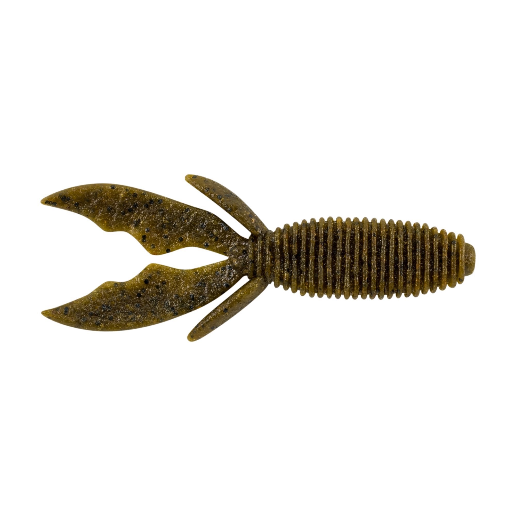 Berkley PowerBait MaxScent Creature Hawg soft fishing lure in green pumpkin color with ribbed body and split tail, designed for musky and ice fishing tackle.