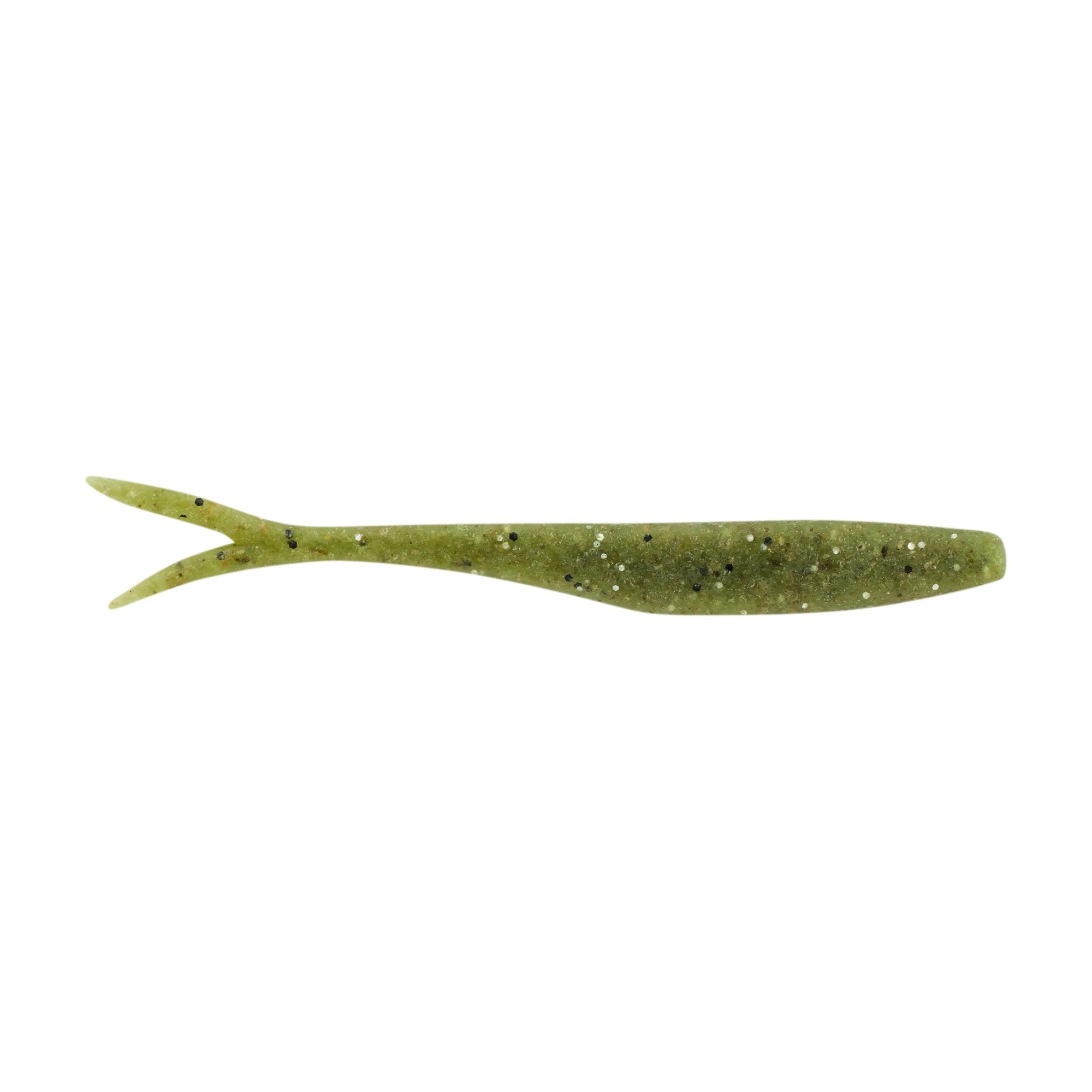 Berkley PowerBait MaxScent Flatnose Minnow soft fishing lure in green with black and silver speckles, designed for realistic movement to attract fish.