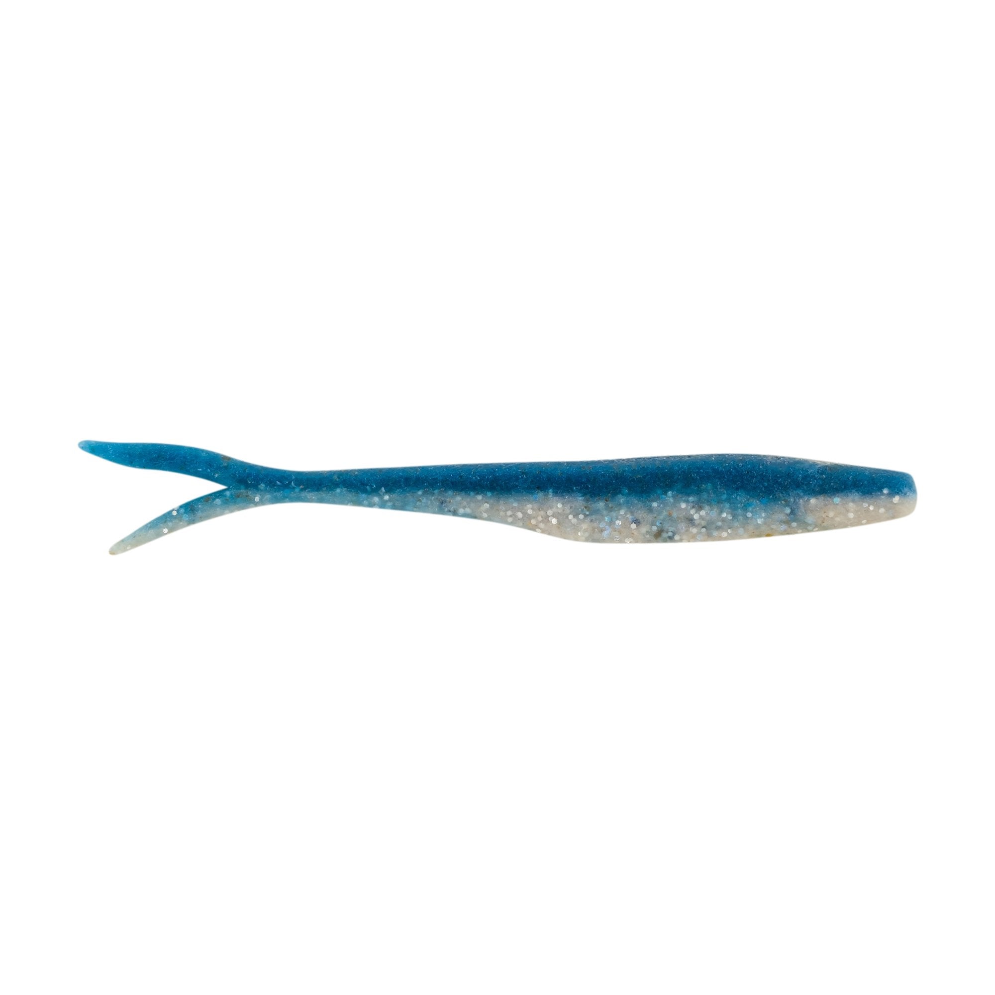Berkley PowerBait MaxScent Flatnose Minnow fishing lure in blue with a split tail design, featuring soft bait material for realistic movement in water.