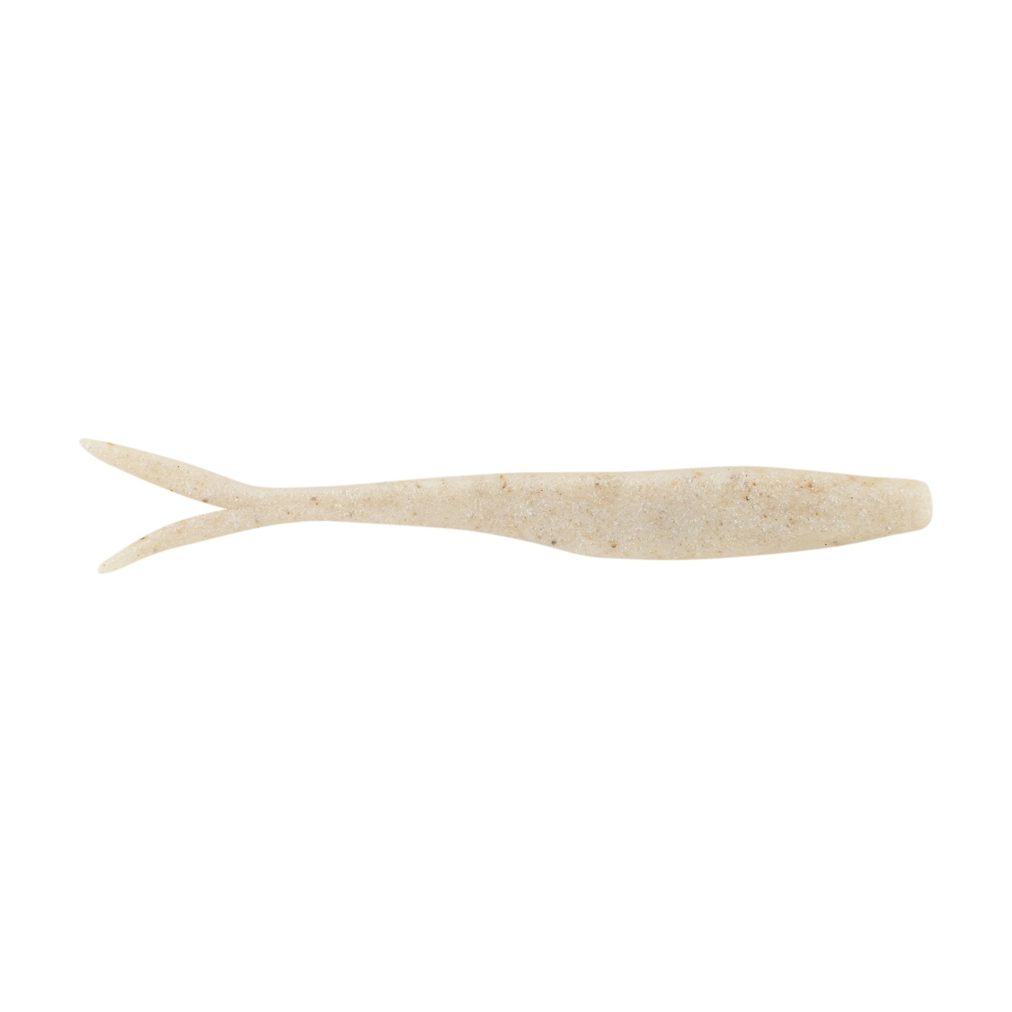 Berkley PowerBait MaxScent Flatnose Minnow soft fishing lure in a white pearl color with a tapered body and forked tail, designed for freshwater fishing tackle.