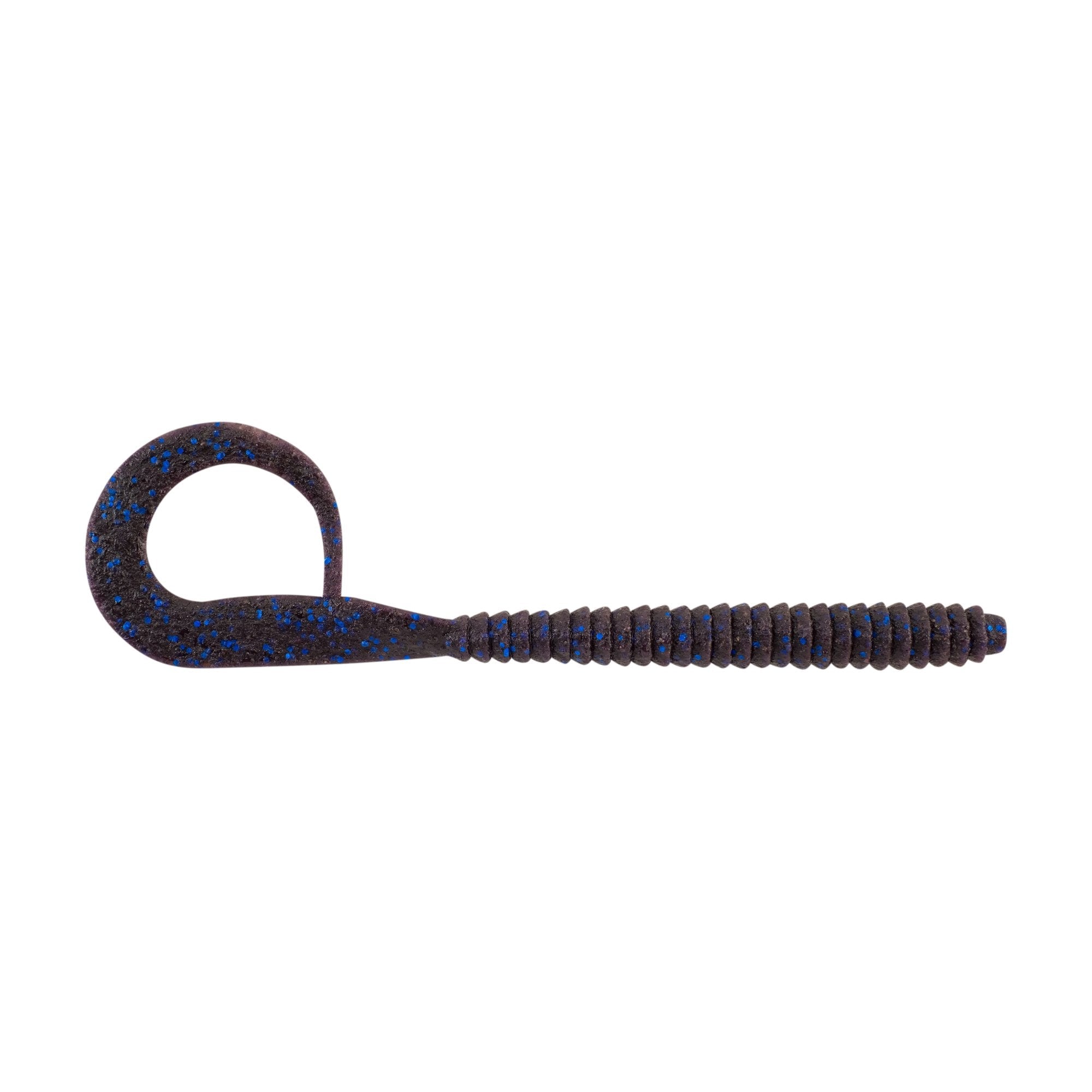 Berkley PowerBait MaxScent Kingtail Worm soft plastic fishing lure in dark color with blue flecks and a curly tail, designed for fishing tackle use.