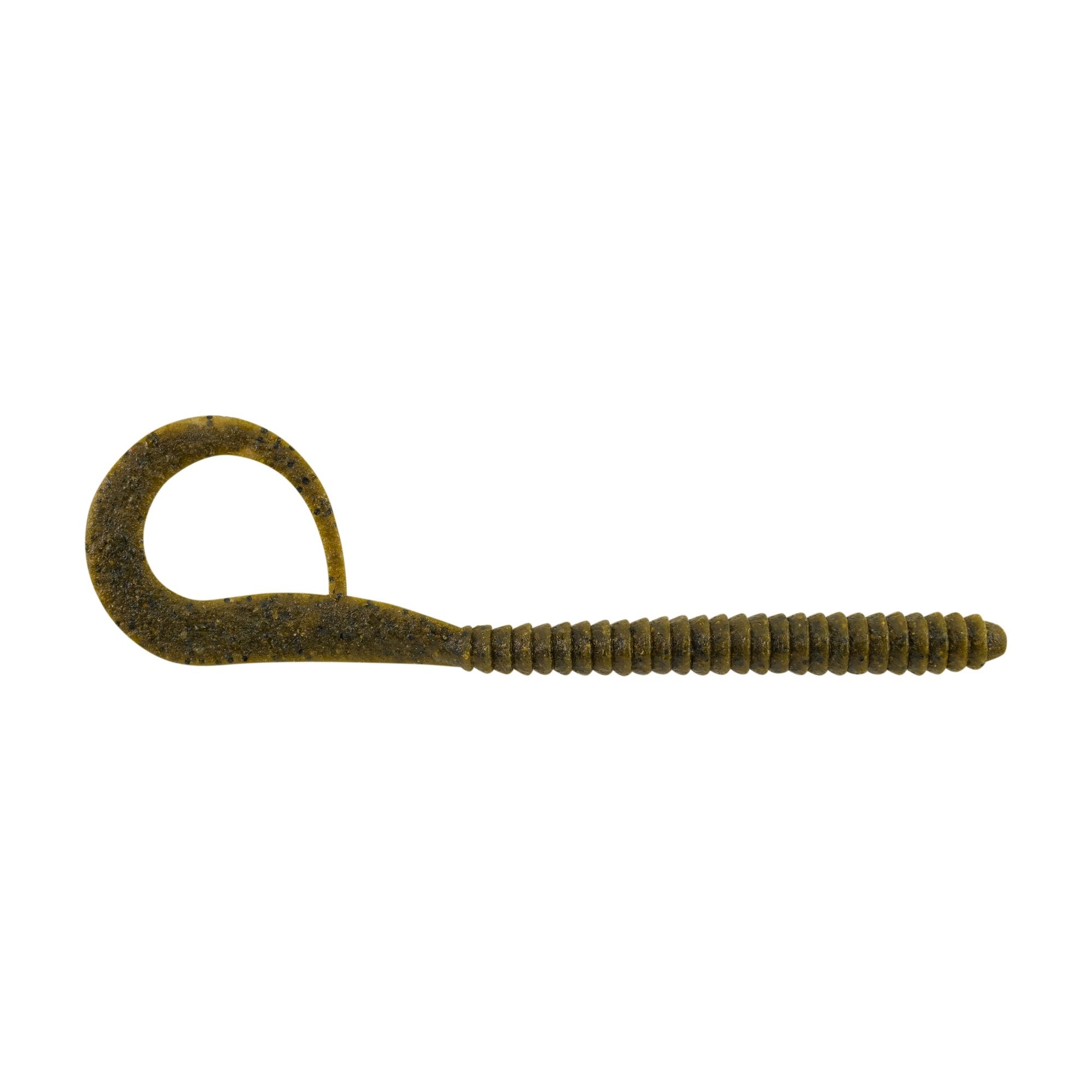 Berkley PowerBait MaxScent Kingtail Worm in green pumpkin color, a soft fishing lure with a curly tail designed for effective fishing tackle use.
