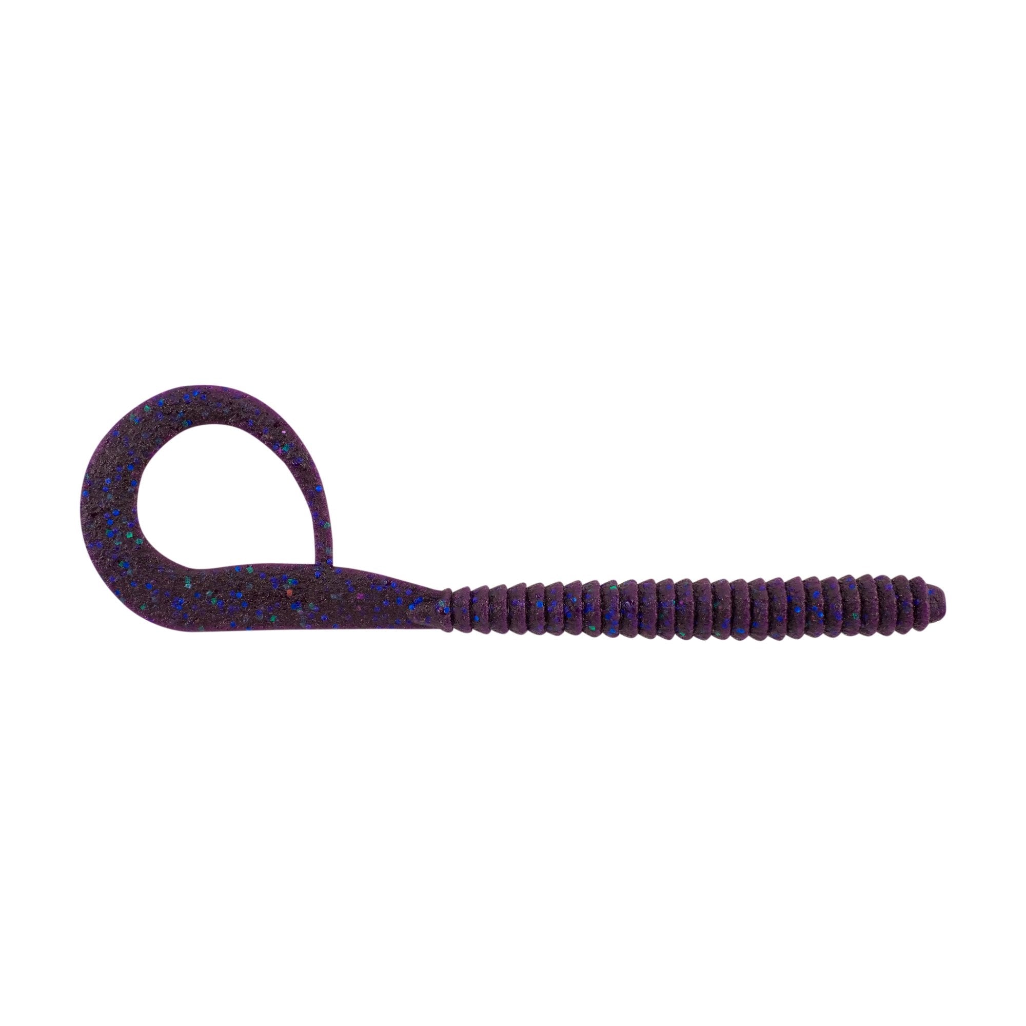 Berkley PowerBait MaxScent Kingtail Worm fishing lure in a plum apple color with a curly tail design, featuring soft plastic material and speckled blue accents.