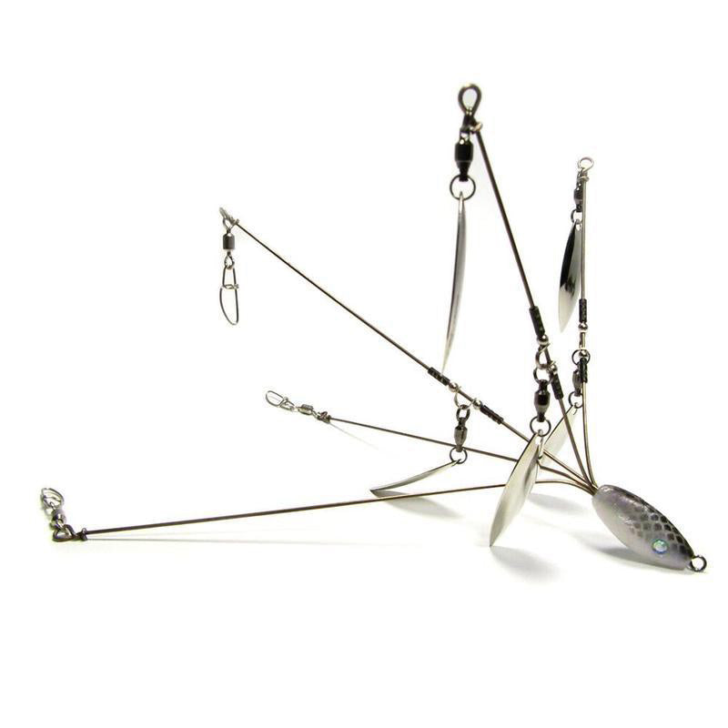 Hog Farmer Bait Company BFL Umbrella Rig featuring multiple angled wire arms with spinner blades and swivels designed for fishing tackle applications.