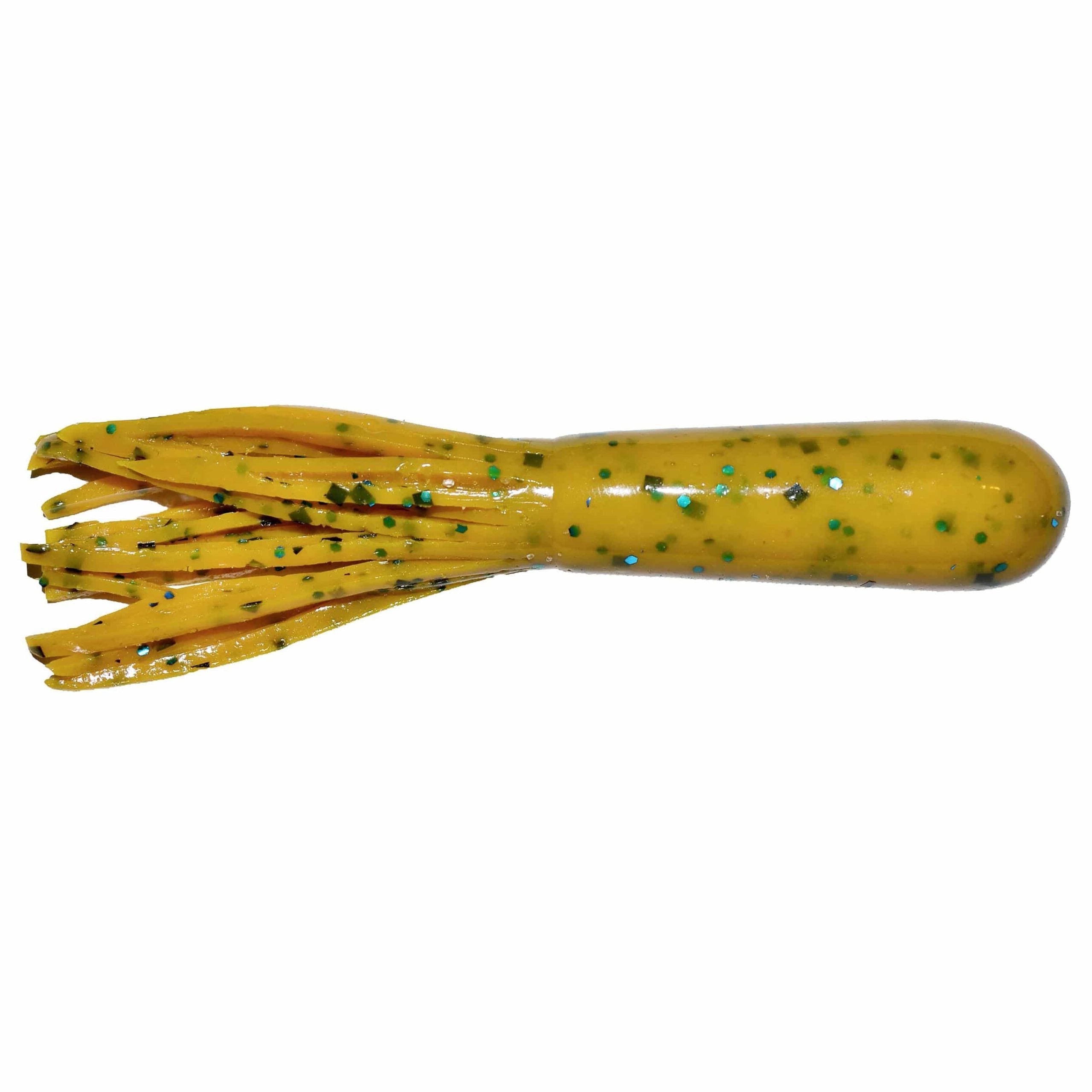 Big Bite Baits 3.5" Salt Tube fishing lure in mustard yellow with green and blue flecks, designed for musky and saltwater fishing tackle.