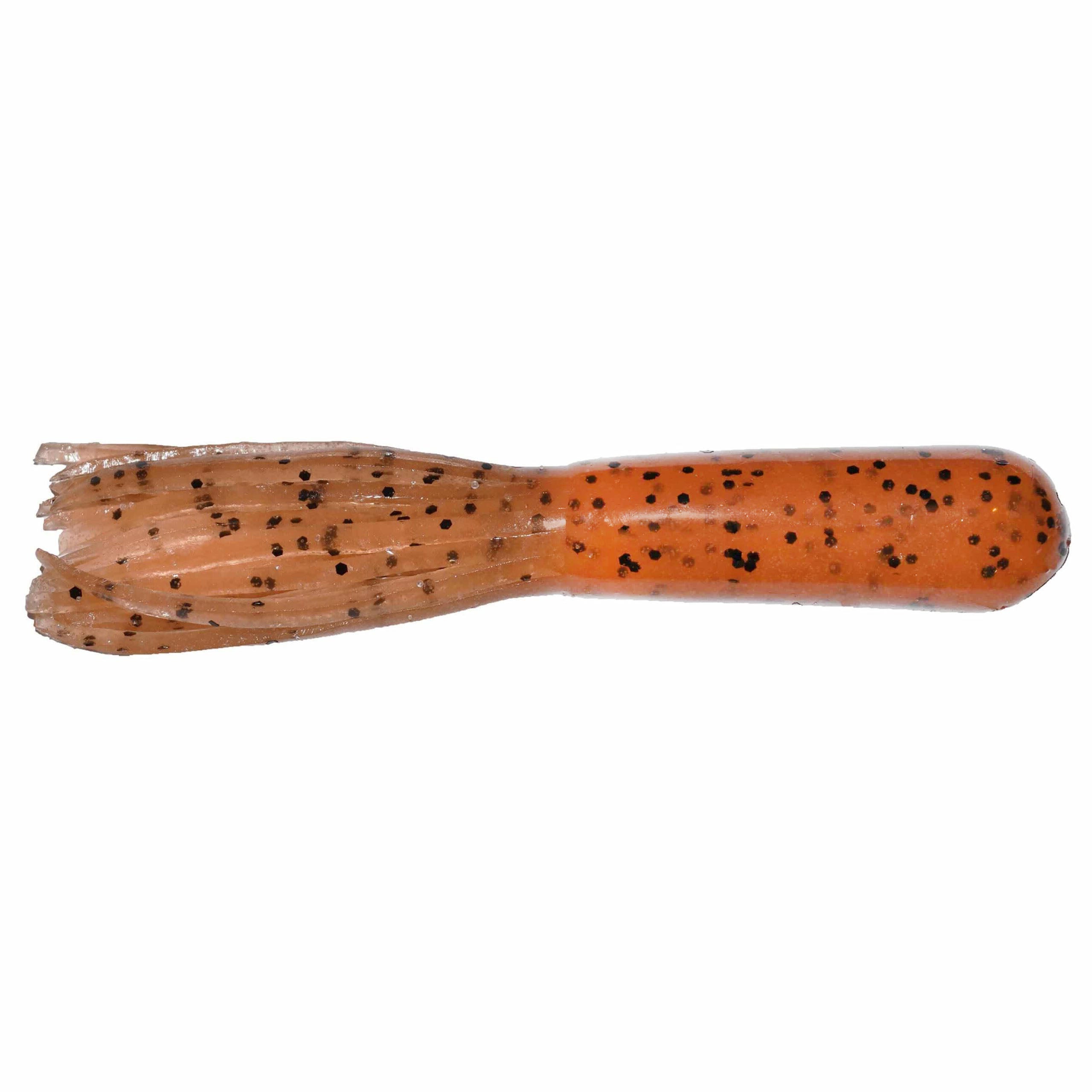 Big Bite Baits 3.5" Salt Tube fishing lure in translucent orange with black speckles, designed for musky fishing tackle and soft bait applications.