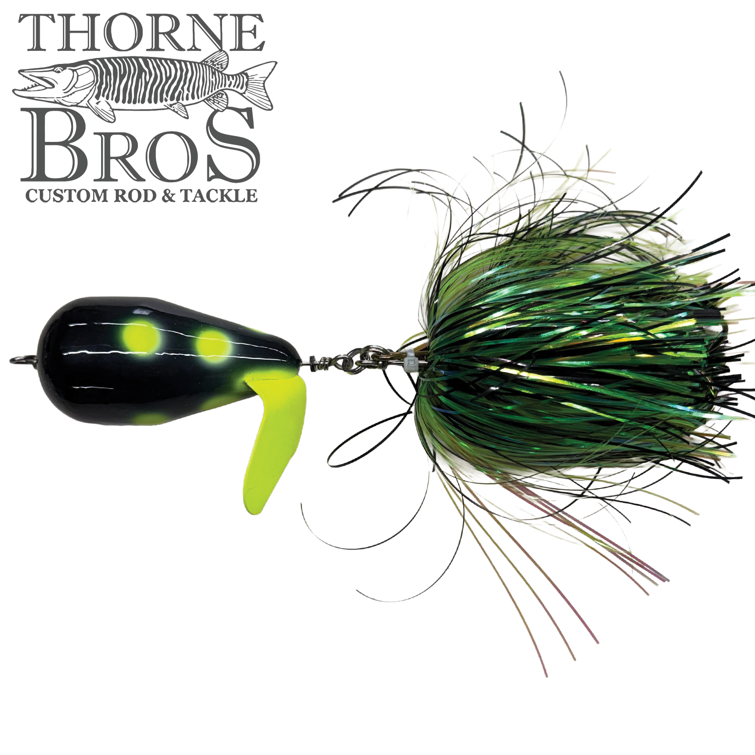 Spanky Baits Violence fishing lure with black body, yellow-green spots, and green and black reflective skirt designed for musky fishing tackle.