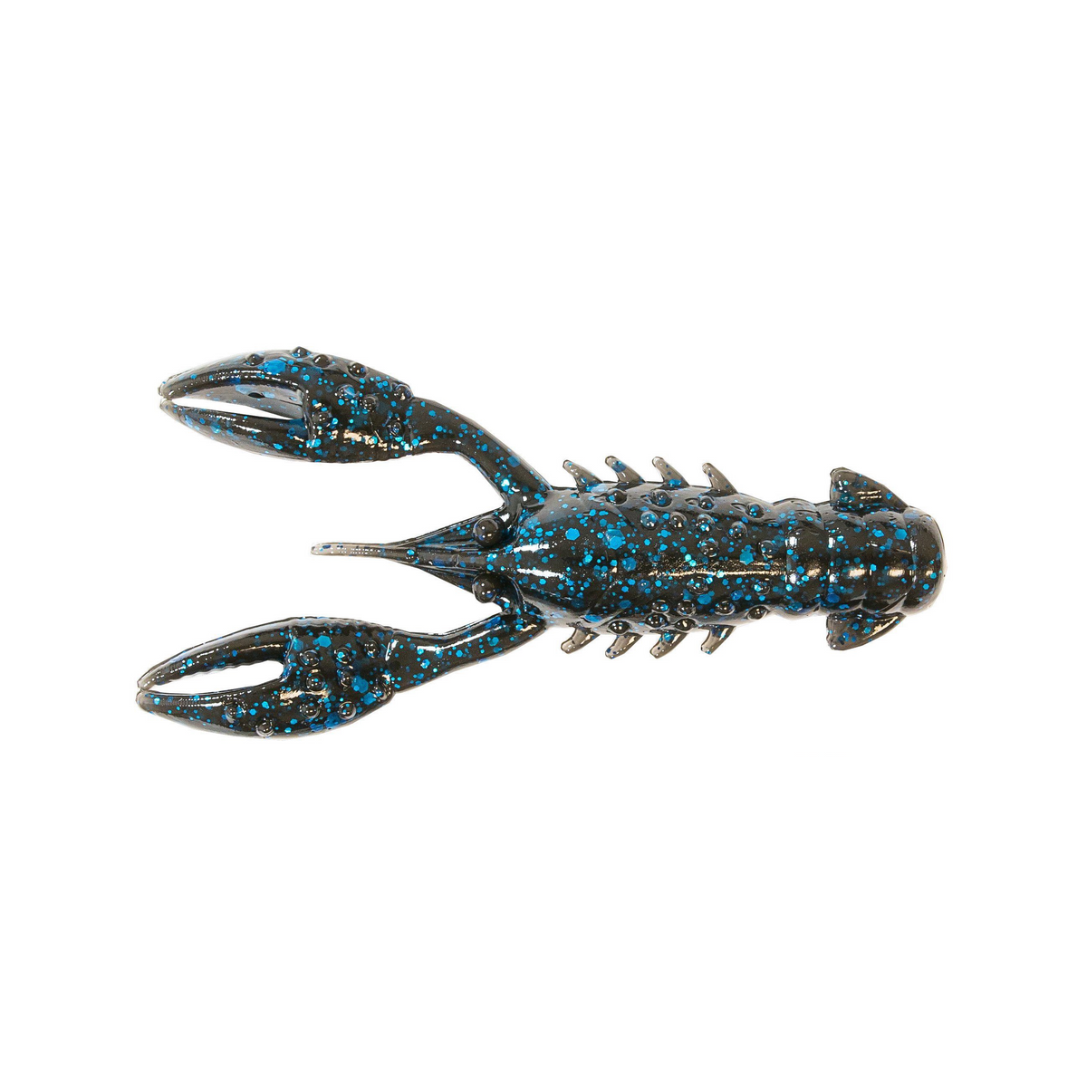 Z-Man TRD CrawZ fishing lure designed to mimic a crawfish, featuring a black body with blue speckles, two large claws, and detailed textured legs for enhanced fish attraction.