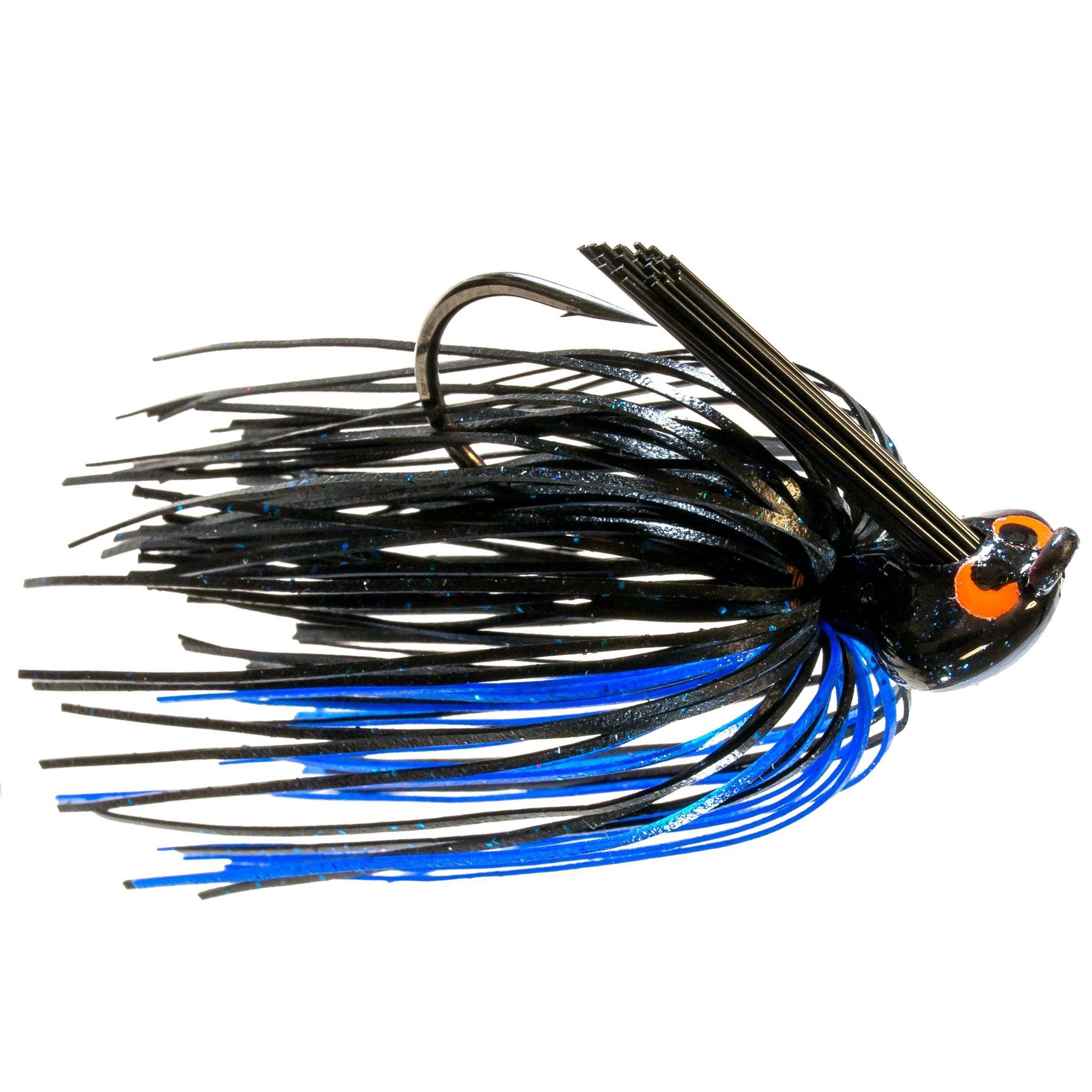 Z-Man CrossEyeZ Flipping Jig in black and blue with orange eyes, featuring a detailed skirt and weed guard designed for effective fishing tackle use.