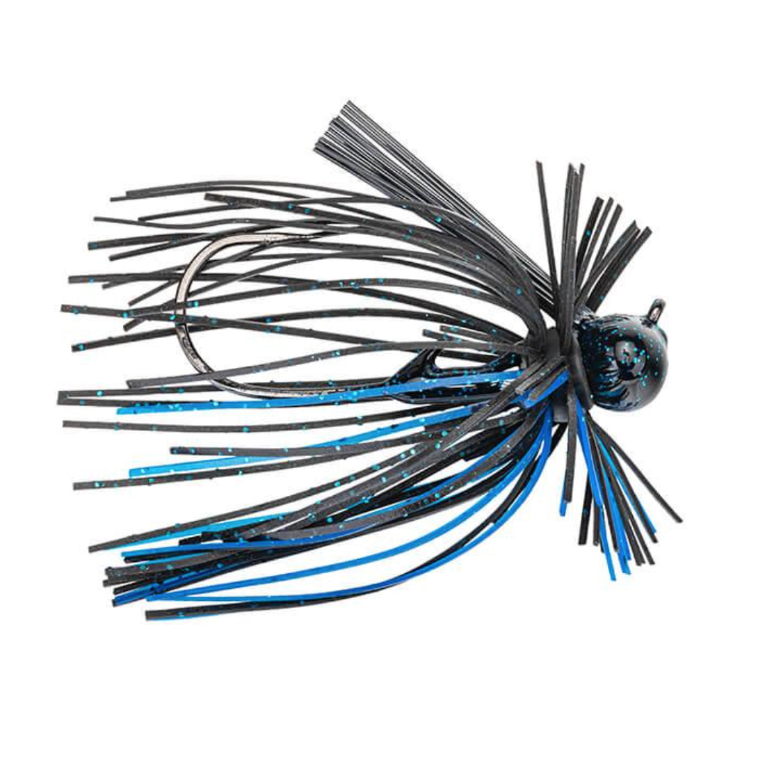 Strike King Tour Grade Finesse Football Jig in black and blue with flexible skirt strands and a weighted head, designed as a fishing lure for freshwater fishing tackle.