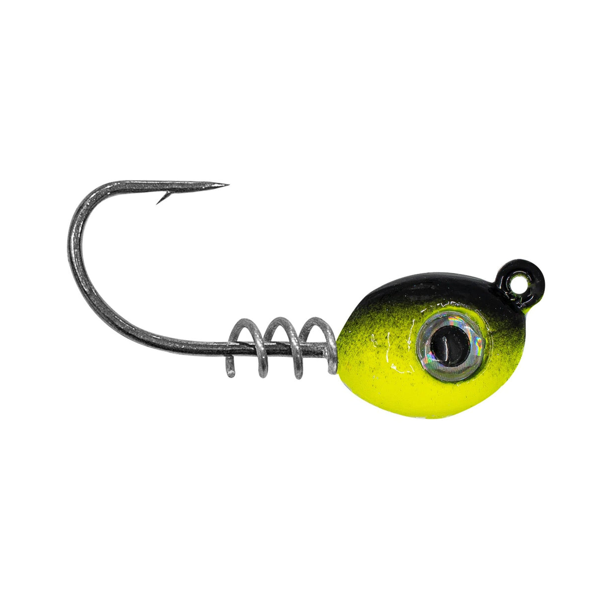 1Standard Dock Shooter Jig Head fishing lure with a sharp curved hook and weighted yellow and black head featuring a realistic eye for effective fishing tackle use.