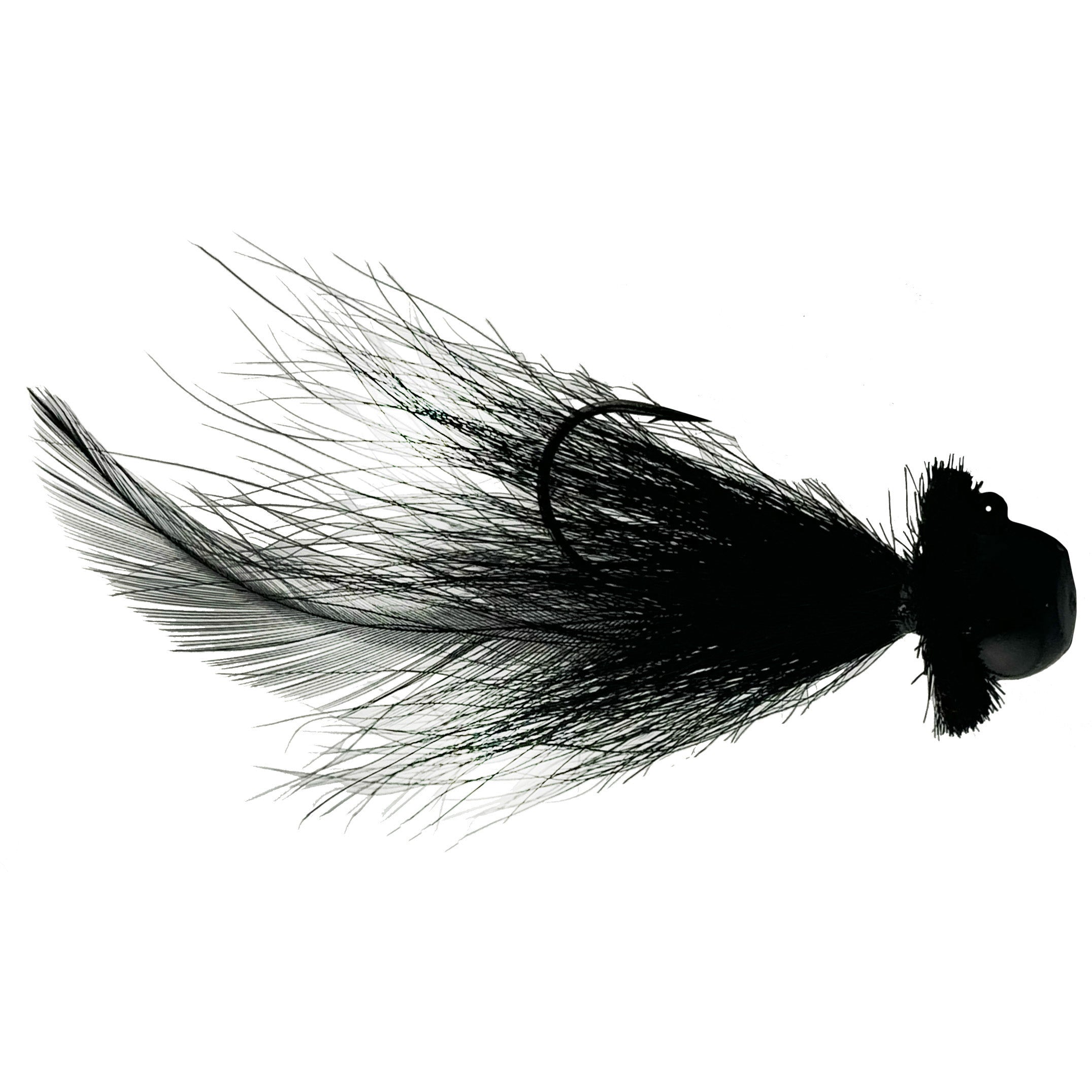 Outkast Tackle Ned Bug fishing lure in black with feather and synthetic fibers designed for musky fishing, featuring a weighted head and sharp hook.