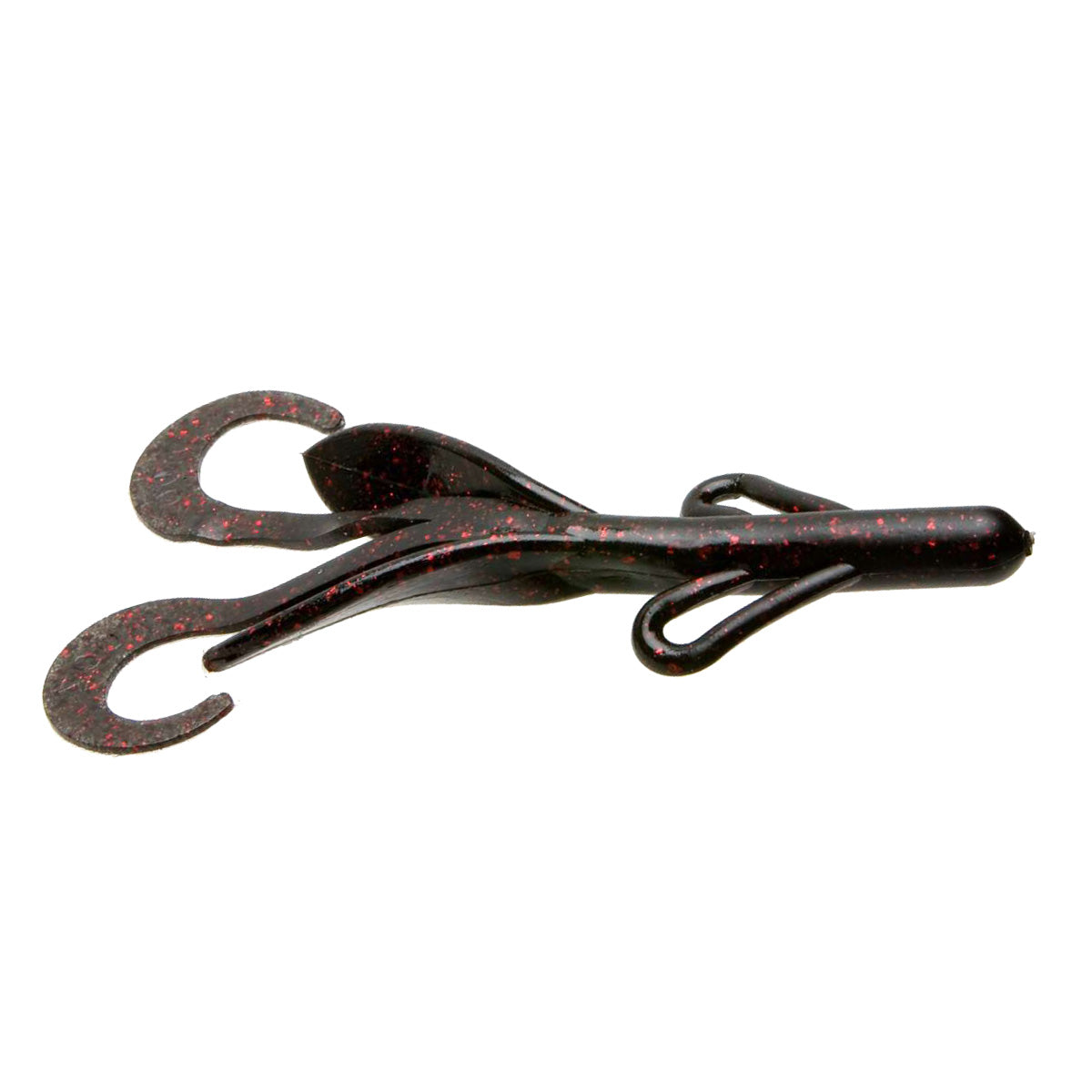 Zoom Brush Hog fishing lure in black with red flecks, featuring curly twin tails and soft plastic material designed for musky and freshwater fishing tackle.