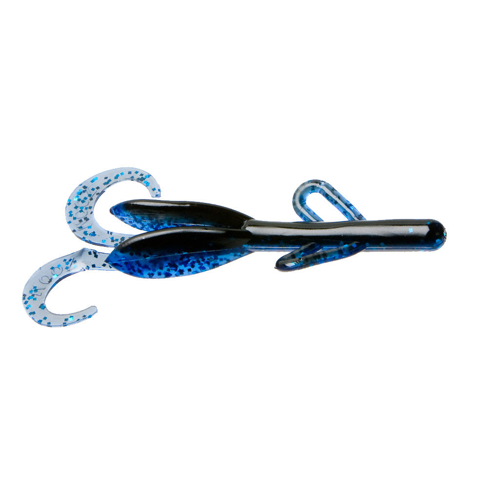 Zoom Baby Brush Hog soft plastic fishing lure in black and blue with multiple curly tails designed for musky and freshwater fishing tackle.