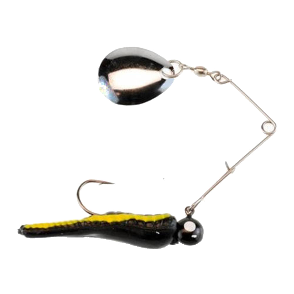 Johnson Fishing Lures Beetle Spin Jig featuring a black and yellow soft body, sharp hook, and a shiny silver spinner blade designed for effective fishing tackle use.