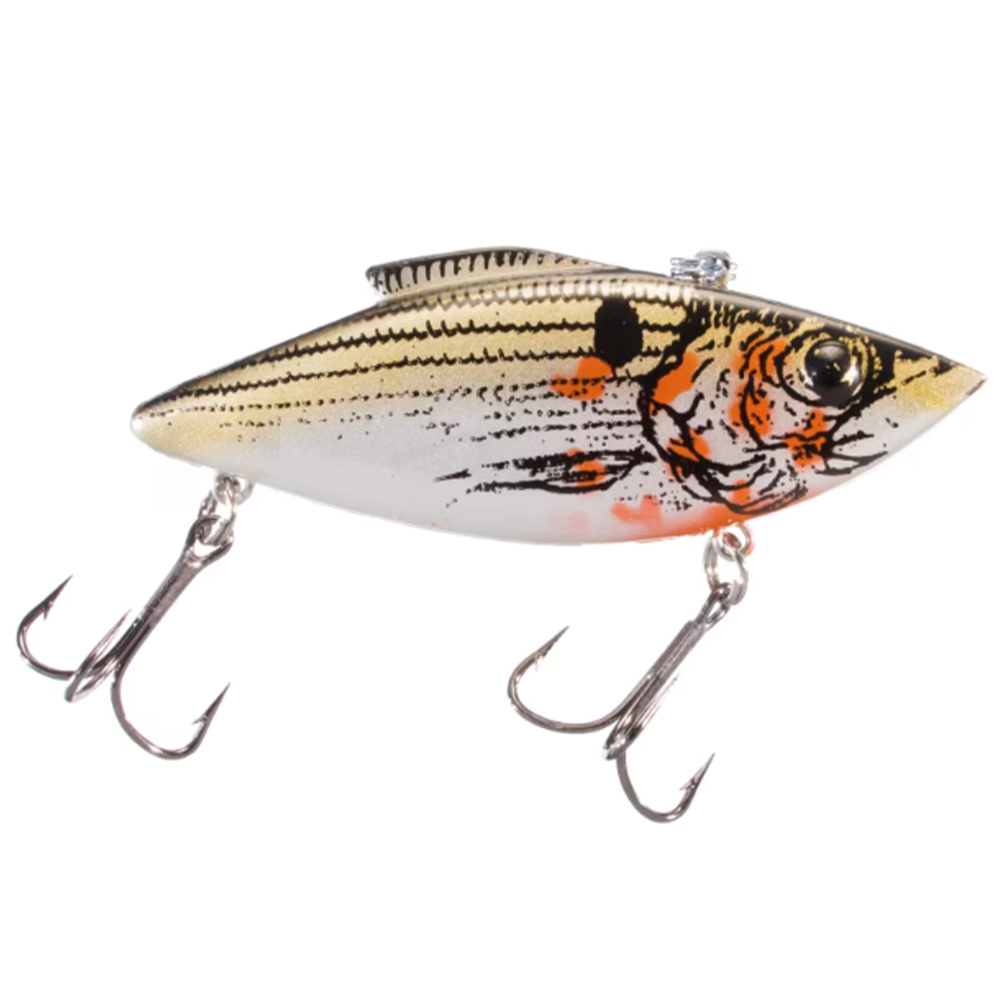 Close-up of a Bill Lewis Rat-L-Trap - Mag Trap fishing lure featuring a shiny, fish-patterned body with orange and black accents and two treble hooks for fishing tackle use.