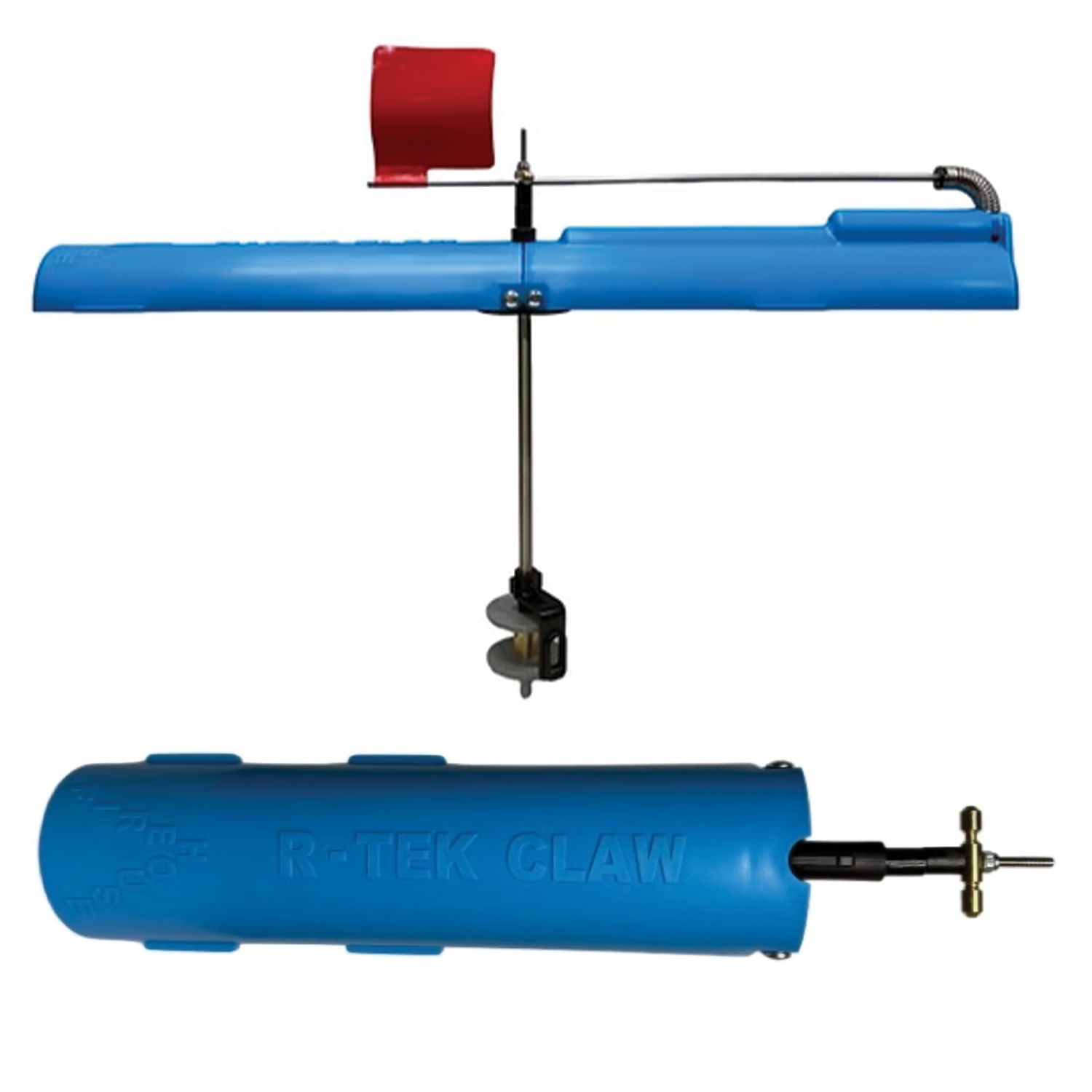 Firehouse R-Tek Tip-Up in blue with a red flag, featuring a spool and metal trigger mechanism for ice fishing, designed for secure attachment through a drill-like clamp.
