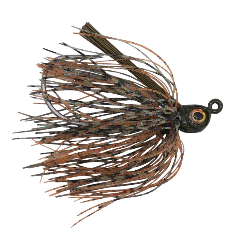 Outkast Tackle Jackpot Swim Jig fishing lure with a detailed bluegill-inspired skirt in brown and black tones, designed to attract muskies in freshwater fishing.