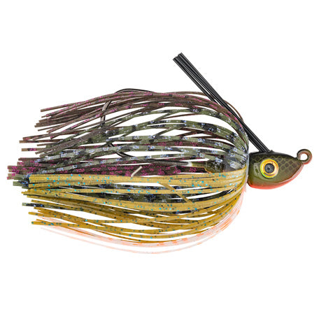 Strike King Tour Grade Swim Jig fishing lure with a detailed fish-shaped head and a multi-colored skirt designed to mimic bluegill patterns for effective fishing tackle use.