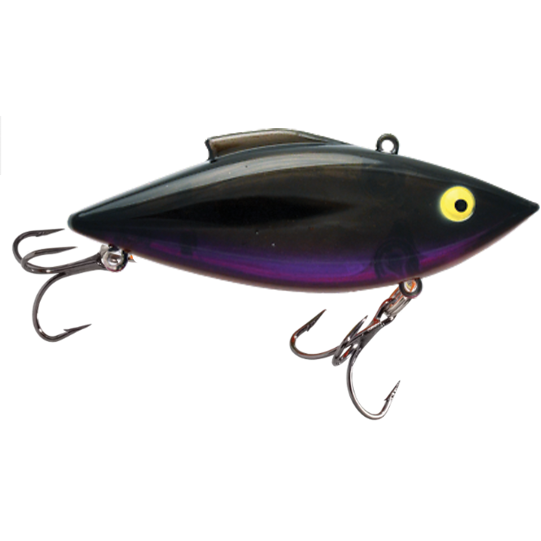 Bill Lewis Rat-L-Trap - Super Trap fishing lure in black and dark purple with yellow eyes, featuring two sharp treble hooks for effective musky fishing tackle.