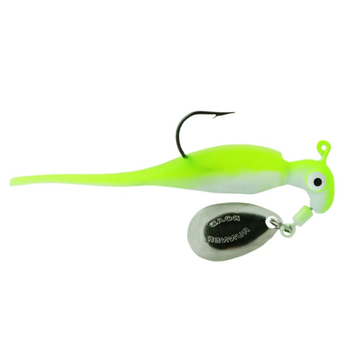 Blakemore Road Runner Slab Runner fishing lure in bright chartreuse and white with a single black hook and attached silver spinner blade, designed for attracting fish.