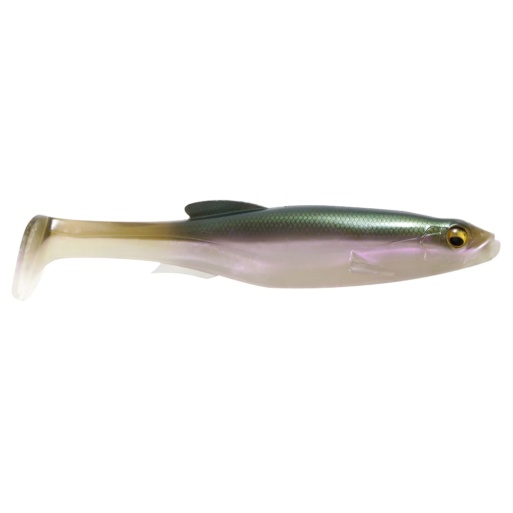 Megabass Magdraft 6" Freestyle soft fishing lure in a lifelike green and translucent color pattern designed for realistic movement in water.