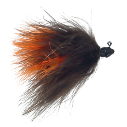 Outkast Tackle Fighter Fly Marabou Jig featuring a dense marabou feather body in dark brown with orange highlights, designed for effective fishing lure action.