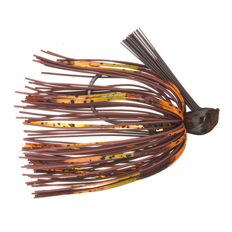 Greenfish Tackle Sinewy Jig fishing lure with a detailed brown and orange skirt, designed for musky fishing with a weed guard and realistic profile for effective fishing tackle.