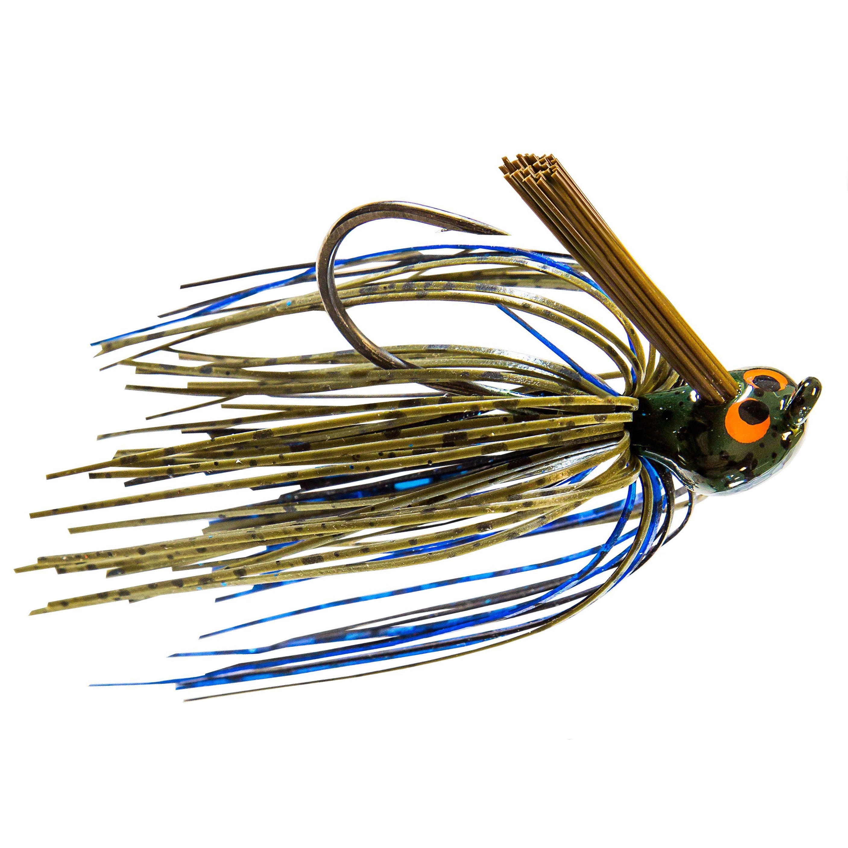 Z-Man CrossEyeZ Flipping Jig fishing lure with a patterned skirt in brown and blue hues, featuring a sharp hook and weed guard for freshwater fishing tackle.