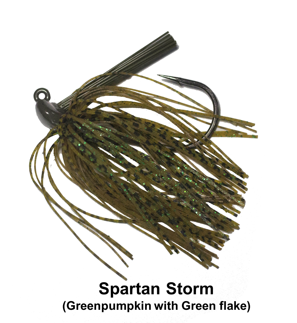 Queen Tackle Tungsten Flipping Jig in green pumpkin with green flake, featuring a sharp single hook and flexible skirt strands designed for effective fishing lure action.