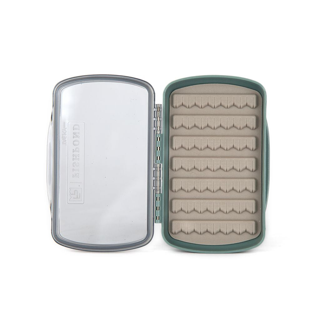 Open Fishpond Tacky Fly Boxes Silicone showing soft silicone foam interior with multiple rows for secure fly fishing lure storage in a compact, durable case.