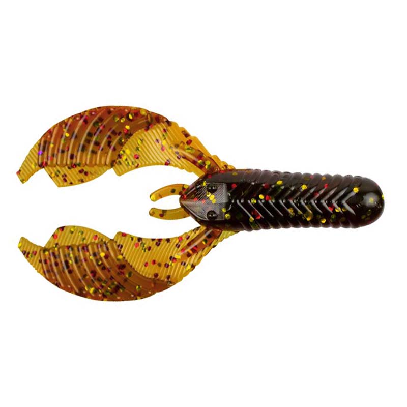 Soft plastic fishing lure shaped like a crawfish with textured body and two large, ribbed claws in a brown and yellow color with red and yellow flecks, named Yum Craw Chunk.