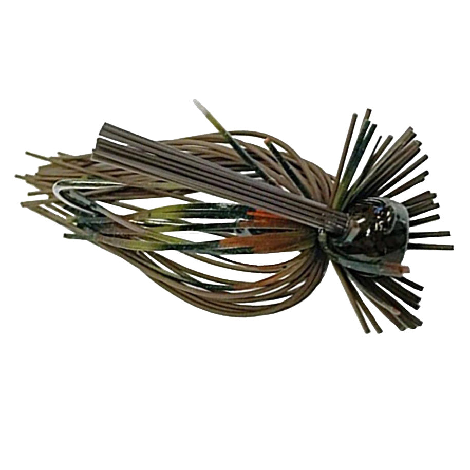 Greenfish Tackle Itty-Bitty Living Rubber Finesse Jig with brown and green rubber skirt designed for finesse fishing, ideal for catching musky and other freshwater fish.