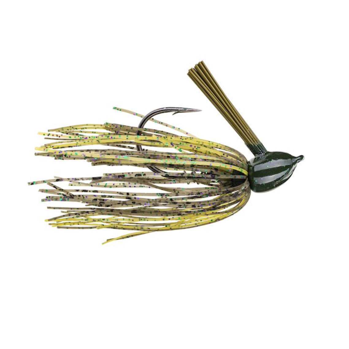 Strike King Hack Attack Fluoro Flipping Jig in green and yellow with speckled skirt, featuring a weighted head, weed guard, and sharp metal hook for fishing tackle enthusiasts.