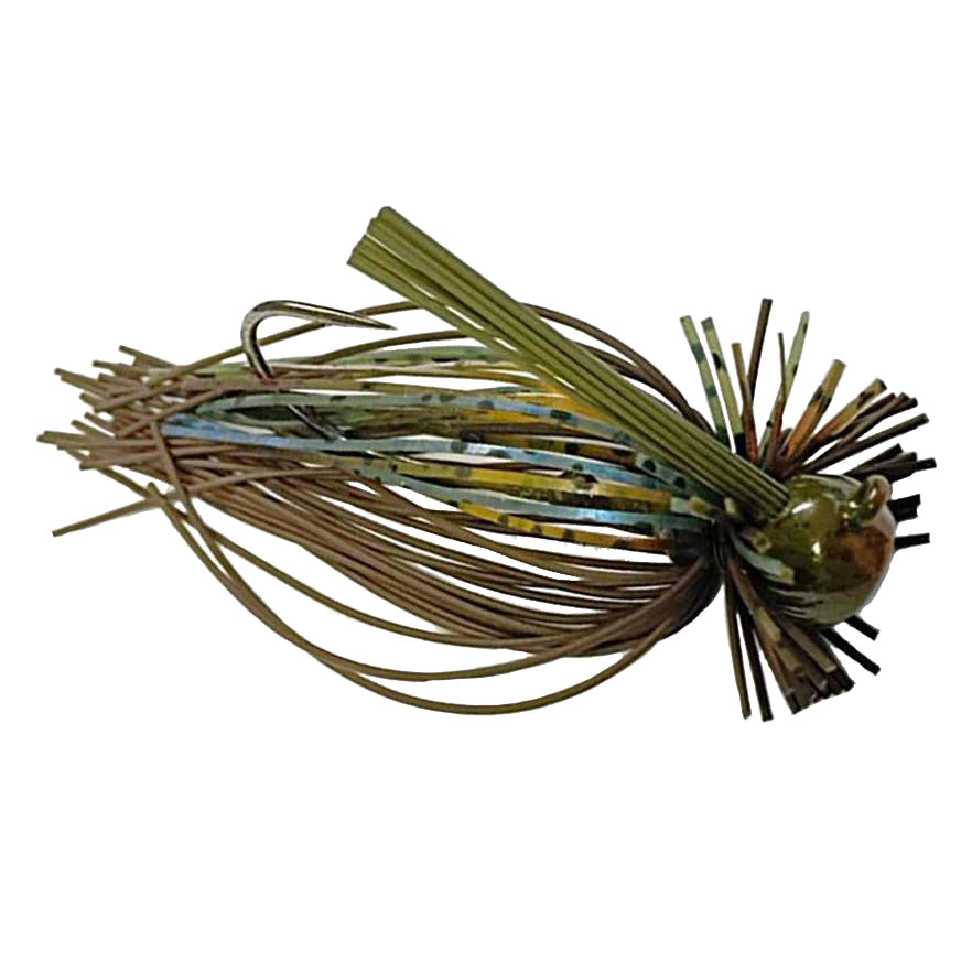 Close-up of the Greenfish Tackle Itty-Bitty Living Rubber Finesse Jig fishing lure featuring a detailed rubber skirt in natural colors with a sharp hook, designed for finesse fishing techniques.