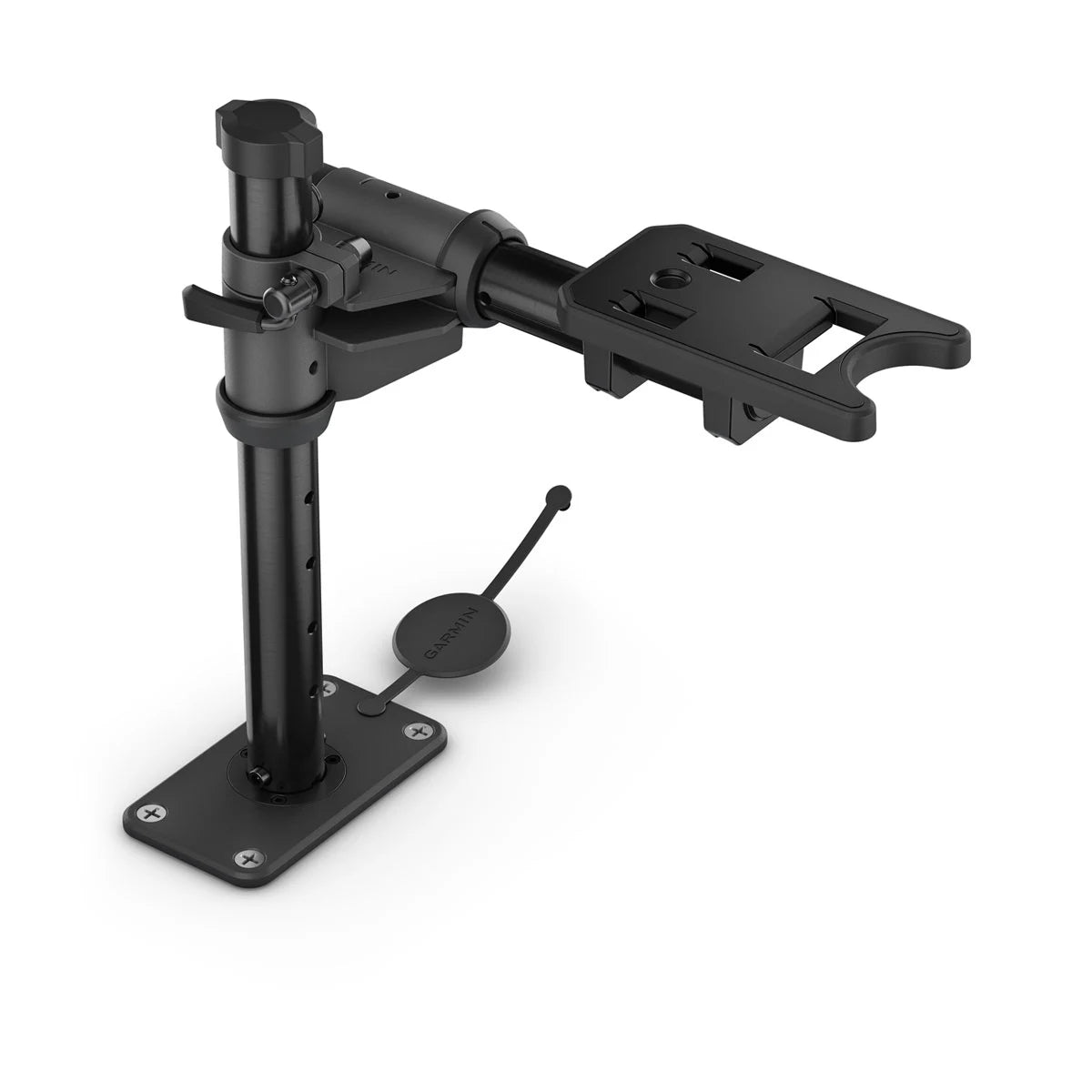 Garmin Gunnel Mount System (For Spy Pole) 010-13404-02 shown in black metal with adjustable clamp and base plate designed for secure mounting on boat gunwales for fishing electronics.