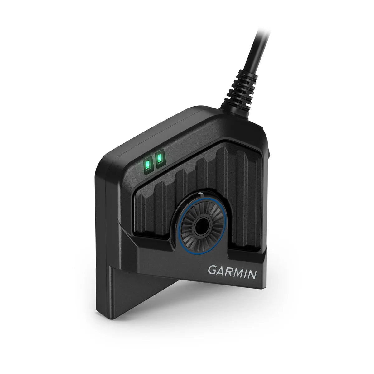 Black Garmin LiveScope™ 2 HD Transducer 010-03899-00 marine electronic device with cable, featuring sensor lens and LED indicators for advanced fishing electronics use.