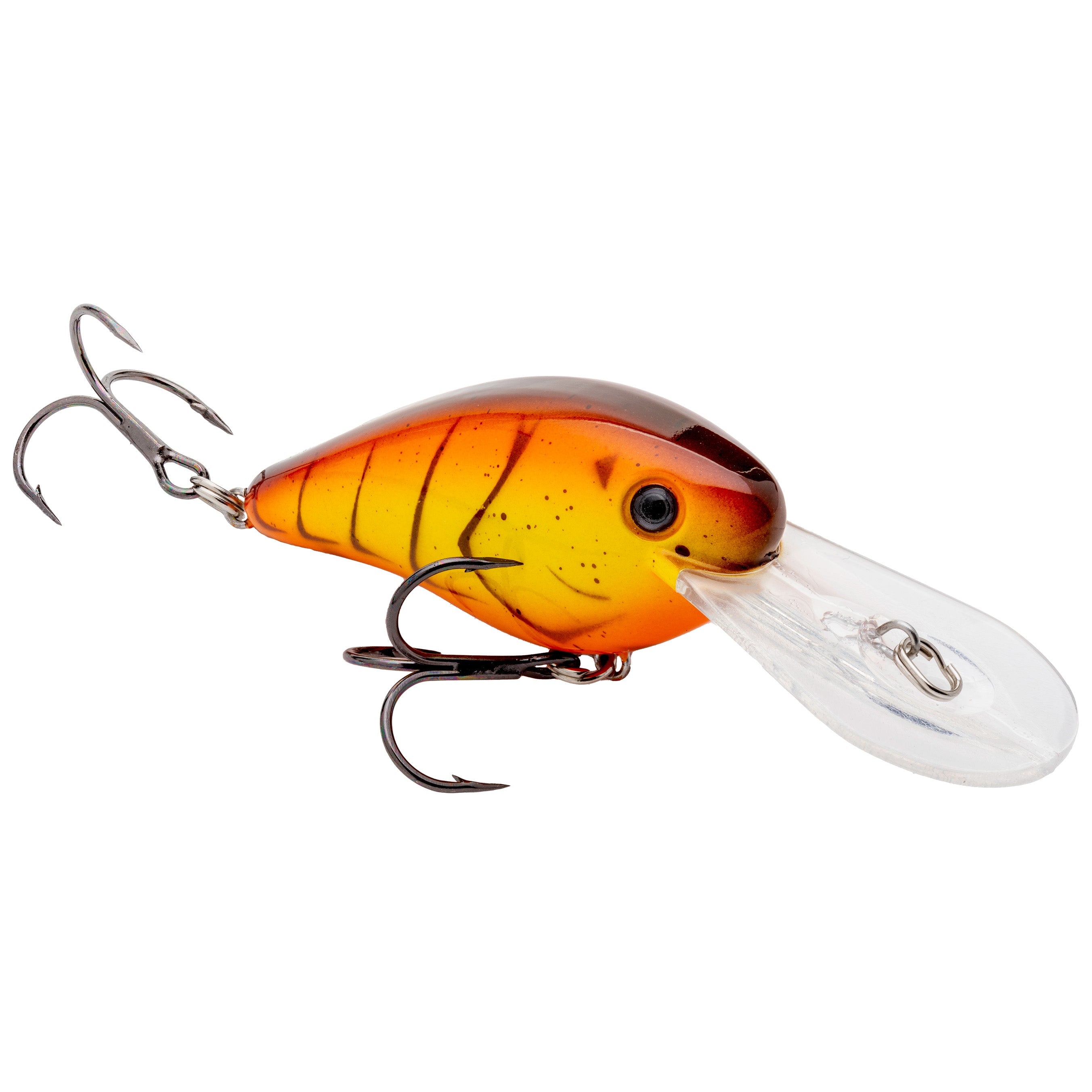 Strike King Gravel Dawg 10 Crankbait fishing lure in orange and yellow with black stripes, featuring two treble hooks and a clear diving lip for enticing fish.