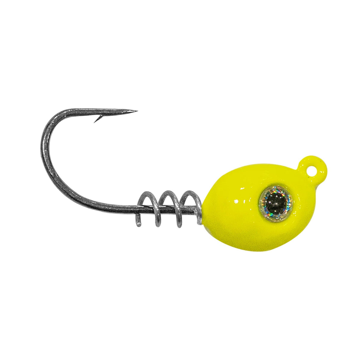 1Standard Dock Shooter Jig Head featuring a bright yellow head with a holographic eye, a sharp fishing hook, and a corkscrew attachment for secure bait placement.
