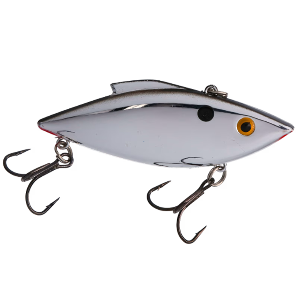 Silver and black fishing lure with two treble hooks and a yellow eye, designed for musky fishing, Bill Lewis Rat-L-Trap - Mag Trap.